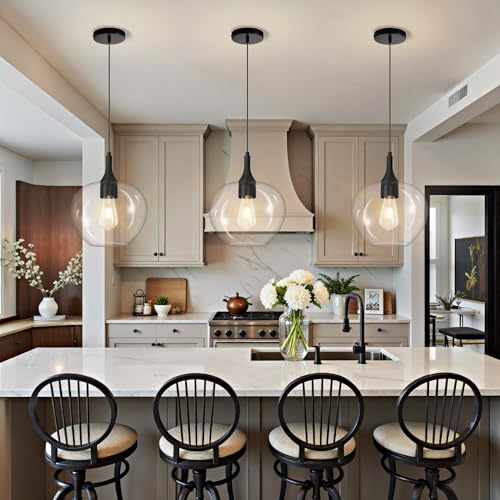 9.45in Black Pendant Lights Kitchen Island with Clear Glass Shade 1Pack