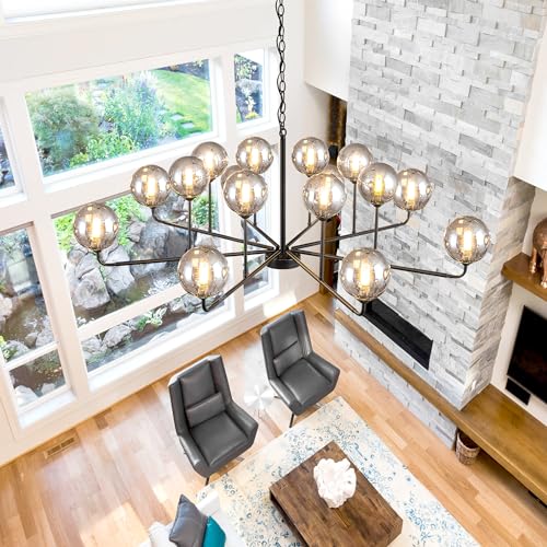 Large Chandeliers for High Ceilings 47.2IN Large Dining Room Chandelier with Smoky Gray Glass Globe Modern Black Chandeliers for Dining Room Large Chandelier Light Fixture for Entryway Living Room
