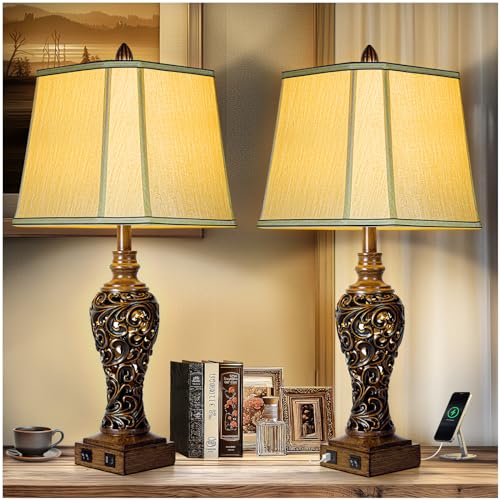 28.5" Farmhouse Vintage Table Lamp Set of 2 with Nightlight (2 Count)