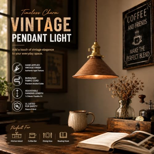 Rusted Copper Kitchen Hanging Lights 8.2 Inch Industrial Lampshade Retro Farmhouse Pendant Light for Bedroom Barn and Bar Foyer Lighting Fixtures 2 Pack