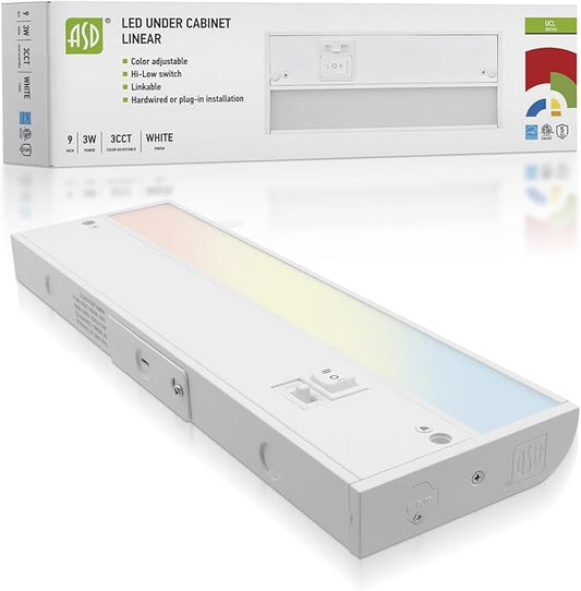 ASD 9 Inch LED Under Cabinet Lighting Plug in or Hardwired, High/Low/Off Switch, 3W 120V 3 CCT 2700K/3000K/4000K CRI90+, Triac Dimmable Linkable Under Counter Lights for Kitchen, ETL Listed, White