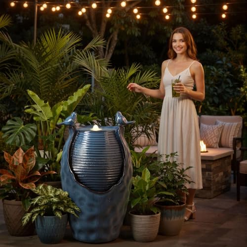 Autodaya 25" H Jar Ceramic Outdoor Water Fountain with LED Lights and Birds