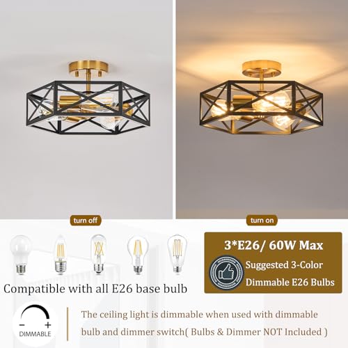 Black and Gold Modern Farmhouse Semi Flush Mount Ceiling Light 14.6 in
