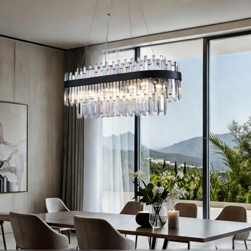 35.4" Black Rectangular Crystal Chandelier Dining Room Kitchen