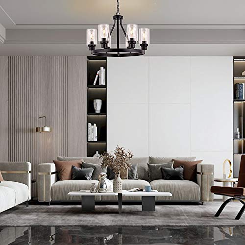 Wagon Wheel Chandelier Black Chandelier Lighting Round 6 Lights with Glass Shade Ceiling Hanging Vintage Rustic Light Fixture for Dining Room Living Room Foyer Porch Kitchen Island