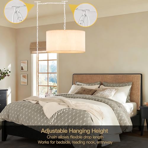 3 Light Plug in Pendant Light with Linen Drum Shade