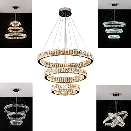 3 Rings Crystal Chandeliers 32"+24"+16" Crystal Ceiling Light Fixture Pendant Lighting Hanging Lamp for Living Room LED Dimmable 3000