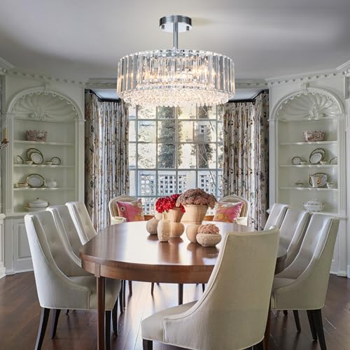 15.8“ Modern Crystal Chandelier Chrome Round Semi Flush Mount Ceiling Light Fixture Chandelier for Living Room Dinning Room Bedroom Hallway Entryway Kitchen