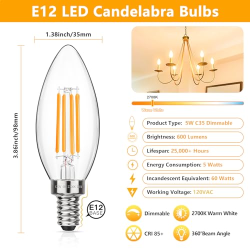 Dimmable E12 LED Candelabra Bulbs 60W Equivalent (12 Count)