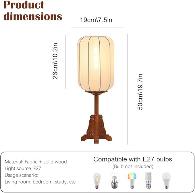 Wood Table Lamp Chinese Style Lantern Desk Light with Fabric Shade Japanese Lamp Lantern Wooden Standing Lights for Nightstand, Dresser, Living Room, Restaurant, Office