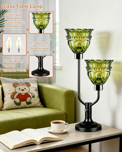 Mid Century Modern Table Lamp Vintage Green Glass Lamp Dimmable
