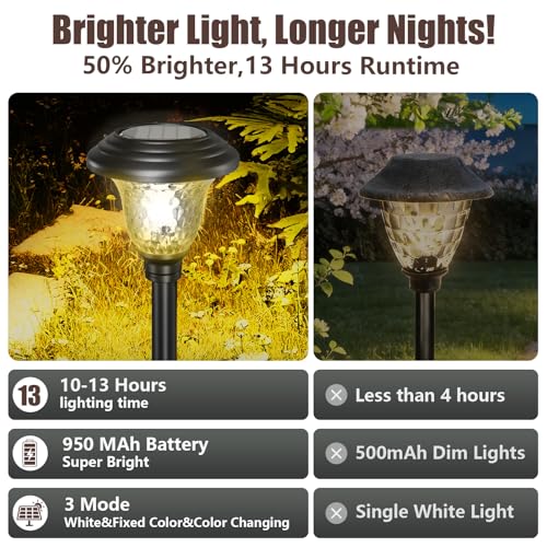 8 Pack Solar Pathway Lights White+Color Changing Stainless Steel 3 Mode Outdoor Multicolor Metal Solar Powered Waterproof Glass for Garden Landscape Path Yard Walkway Driveway Black (8 Count)