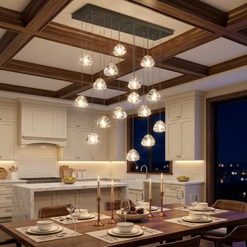 W27.6 x D11.8 x H118 Rectangular Glam Chandelier Bubble Crystal Ceiling Pendant Lights Dimmable High Ceiling Chandeliers Fixtures Adjustable Long Lights Black