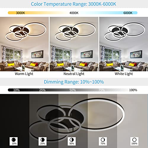 Modern LED Ceiling Light 90W Dimmable Ceiling Light Fixture with Remote Control 5 Rings Flush Mount Ceiling Light Black Acrylic Chandelier LED for Living Room Bedroom Kitchen Light fixtures