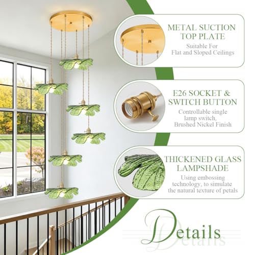 Long High Ceiling Chandelier with Green Blown Flower Glass Shade Vintage Flush Mount Ceiling Hanging light Gold brass pendant light 5 light Ceiling Chandeliers for Staircase Foyer Entryway Living
