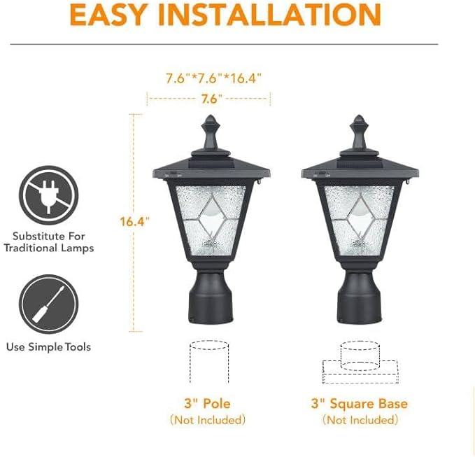KP4326Q-A Solar Lamp Post Light, Outdoor Lighting, Aluminum LED Solar Pillar Light with Tiffany Glass for Gate Column, Driveway, Matte Black