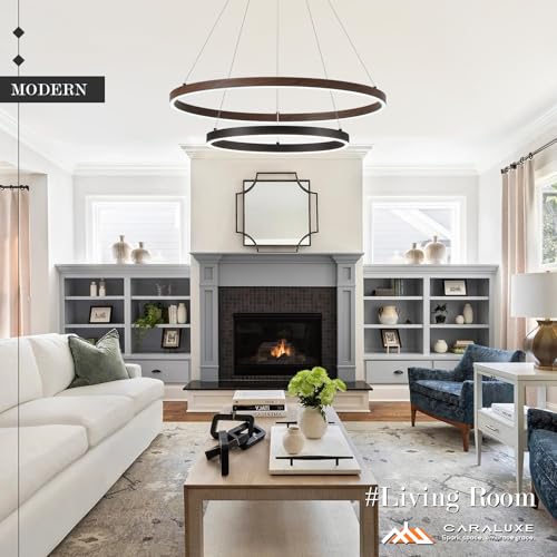 2 Ring LED Chandelier Black Walnut Wood Chandelier for Dining Room Dimmable
