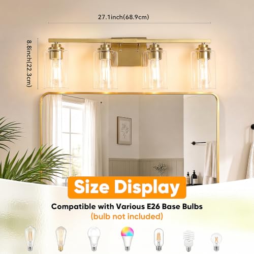 4 Light Brushed Gold Bathroom Light Fixtures Over Mirror 27 Inches