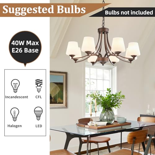8 Light Large Rustic Chandeliers with Frosted Milky White Glass