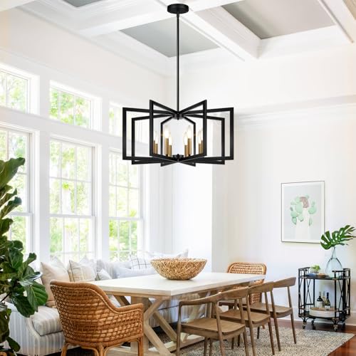 25" 61" Height Adjustable Modern Black and Gold Chandelier for Dining Room