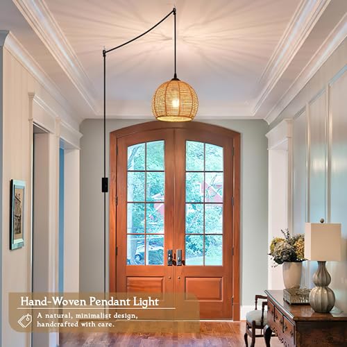 Plug in Mini Hemp Rope Woven Pendant Light Woven Light Fixture Boho Chandelier Wicker Pendant Lights Rattan Plug in Cord Hanging Lights Dome Wicker Chandelier for Bedroom