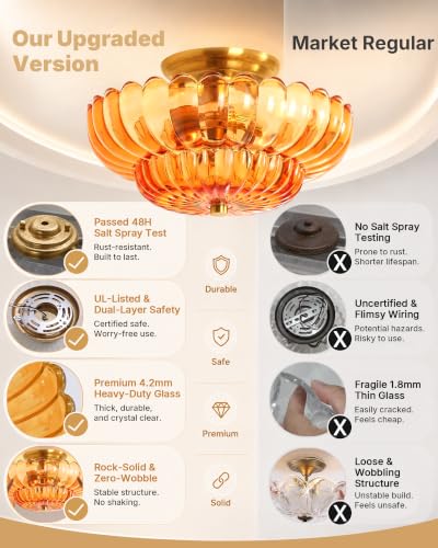 Semi Flush Mount Ceiling Light Fixture 14" Vinatge Gold Ceiling Lights Mid Century Modern Orange Glass Close to Ceiling Lighting Fixtures for Bedroom Hallway Kitchen Laundry Room Bathroom