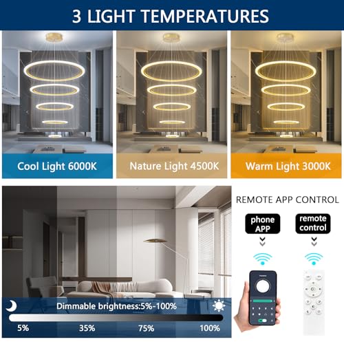 Modern LED Dimmable Chandelier 5 Ring High Ceiling Large Chandelier for Living Room Hanging Light Fixture for Foyer Staircase Gold