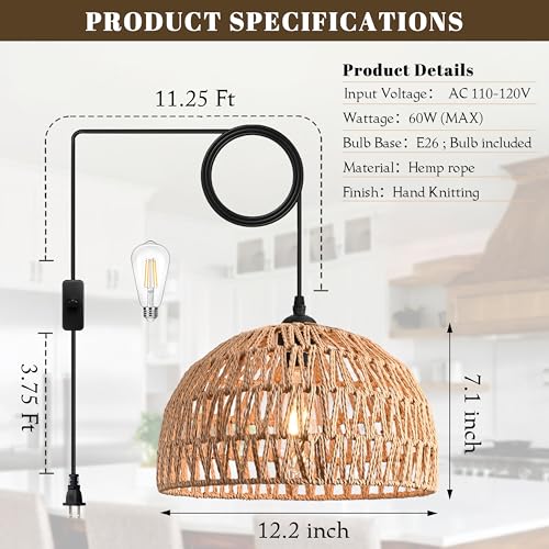 Brown Rattan Light Fixture 15ft Plug In Pendant Light Woven Pendant Light Boho Chandelier Wicker Pendant Light Boho Pendant Light Plug In for Dining Room Kitchen Island Bedroom