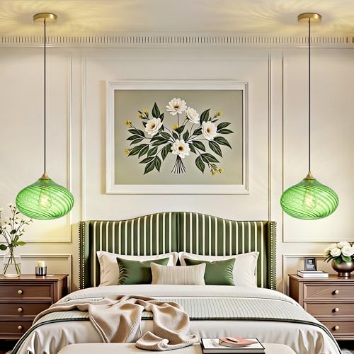 11in Gold Pendant Lights Kitchen Island with Green Glass Shade 1Pack
