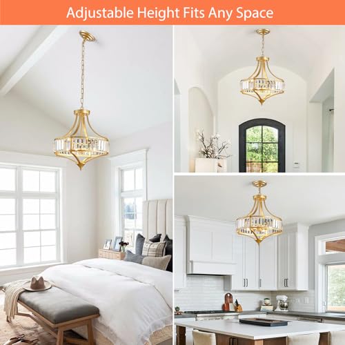Gold Chandeliers for Dining Room Modern Round Crystal 4 Lights Rustic Pendant Lighting Fixture with Metal Lampshade for Living Room Hallway Bedroom Foyer