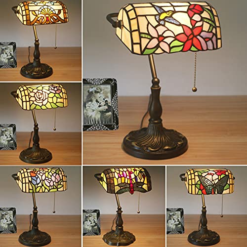 Bird Lamp Tiffany Style Bankers Lamp Table Lamp Stained Glass Bird Flower Lamp Shade Piano Desk Lamp Vintage Bedroom Bedside Lamp for Livingroom Office Study
