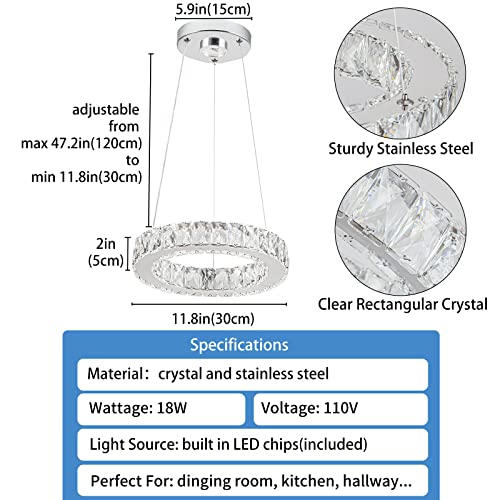 11.8" Crystal Chandelier LED Round Flush Mount Ceiling Light Fixture Modern Hanging Pendant Lighting Mini Ring Chandeliers for Dining Room Kitchen Island Hallway Bathroom