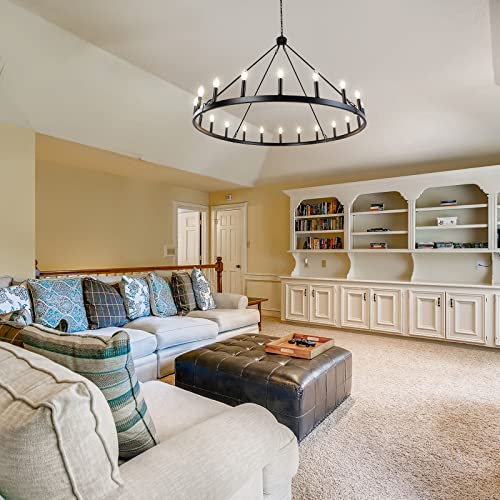 47'' 20 Light Large Black Wagon Wheel Chandelier for Living Room