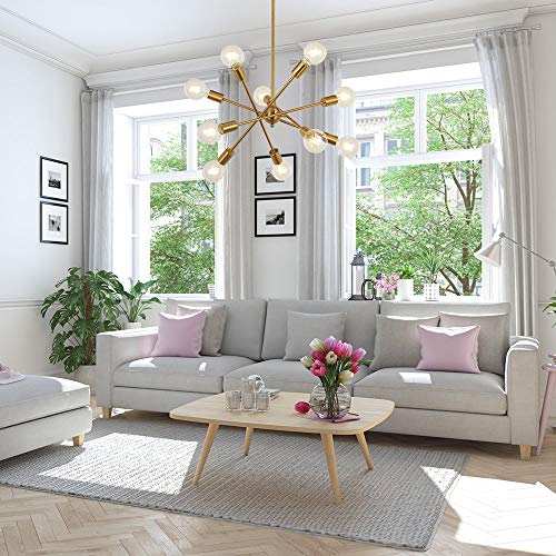 Modern 10 Light Sputnik Chandeliers Brushed Brass with Adjustable Arms Metal Kitchen Light Fixtures Gold Mid Century Pendant Lighting Vintage Industrial Ceiling Lights for Living Room