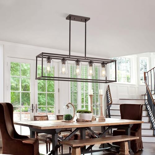 5 Light Oil Rubbed Bronze Dining Room Light Fixture Modern Farmhouse Chandelier Over Table Rectangle Kitchen Island Pendant Lighting Linear Chandelier Living Room Hanging Light Adjustable Height