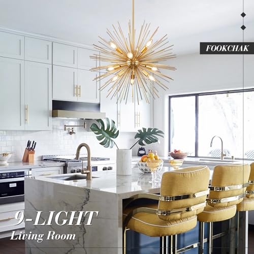 24in Gold Sputnik Chandelier 9 Light Starburst Light Fixture Solid Metal