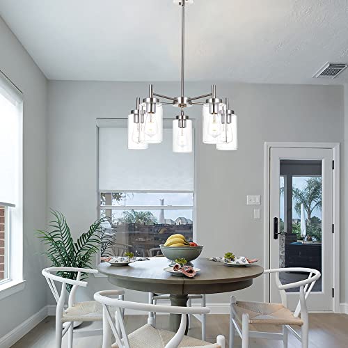 Contemporary 5 Light Large Chandeliers Modern Clear Glass Shades Pendant Lighting Brushed Polished Nickel Dining Room Lighting Fixtures Hanging Adjustable Wire Semi Flush Ceiling Lights