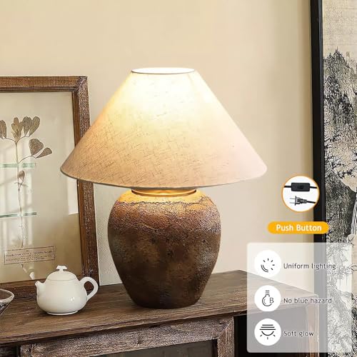 Farmhouse Clay Pot Table Lamps Brown Ceramic Lamps Rustic Fabric Drum Shade Decor Bedside Nightstand for Living Room Bedroom Home Office