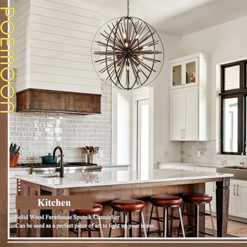 31" 16 Light Farmhouse Wood Sputnik Chandelier Black Hanging Light