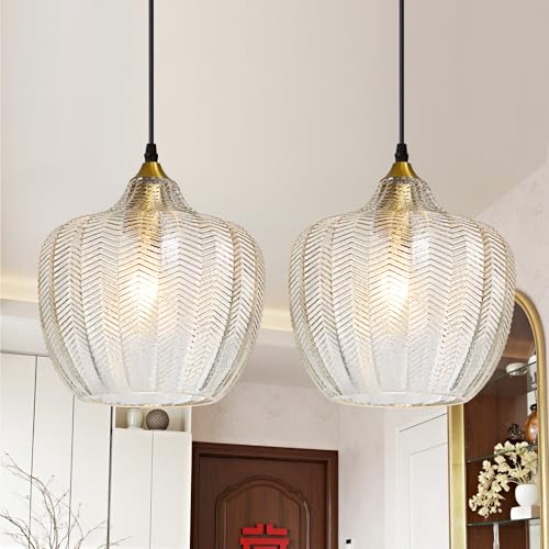 Clear Glass Pendant Lights Kitchen Island 2 Pack Gold Hanging Ceiling Light (2 Count)