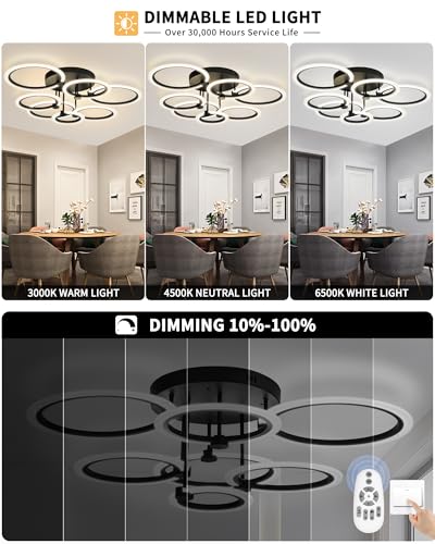 Modern LED Ceiling Light 7 Rings Dimmable Fixtures with Remote Black Close to Ceiling Light 31.8" 130W 3000K