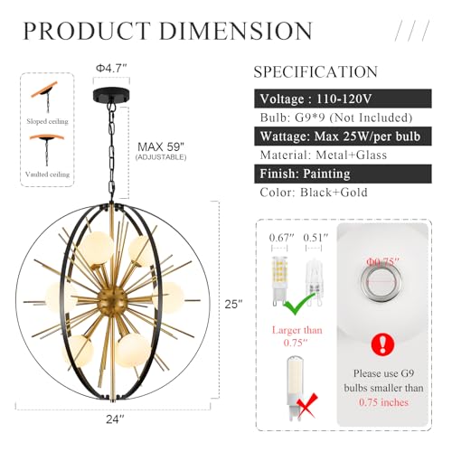 24" 9 Light Black Gold Sputnik Chandelier with Milk Glass Shade