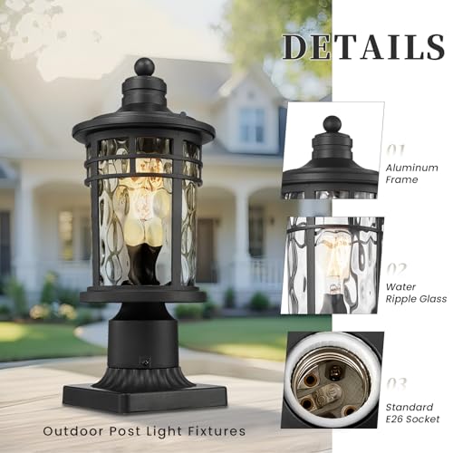 Post Lights Aluminum Pillar Lights Outdoor 14.6 Post Lantern with Water Ripple Glass for Garden Patio Pathway E26 Socket 2 (2 Count)