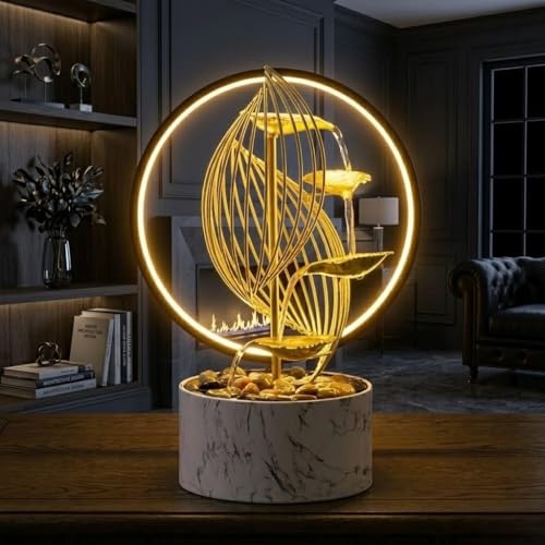 Qingyinge 15'' H Large Golden Tabletop Water Fountain with Led Light for Indoor Meditation Yoga Spa Room Decor