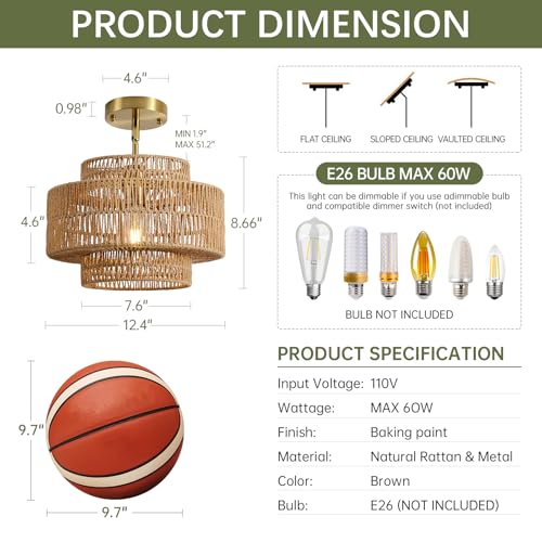12.4" Rattan Pendant Light for Kitchen Island