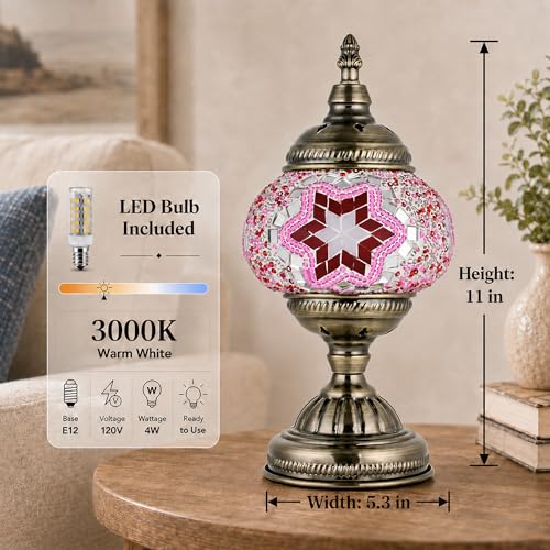 Turkish Moroccan Table Lamp Lantern with Handmade Mosaic Glass Lampshade Tiffany Style Bohemian Stained Glass Decorative Desk Lamps Bedside Night Lights for Bedroom