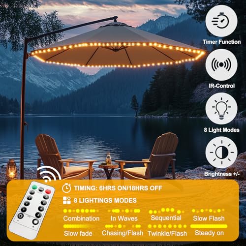 Patio Umbrella Lights Cordless LED Market Table Umbrella Lights with Remote Control Battery Operated Waterproof Parasol String Lights