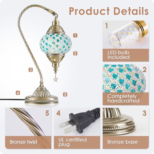 Turkish Moroccan Lamp with Bronze Base 3 Color Options Handmade Swan Neck Mosaic Glass Bedside Lamps for Bedroom