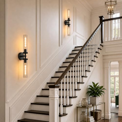 24 inch Bathroom Sconce Linear Glass Sconce Black Wall Sconce Hardwired