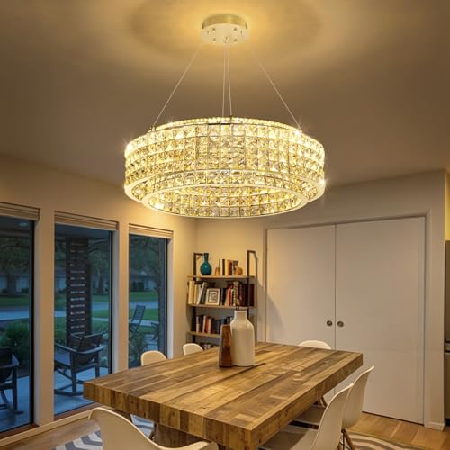 W24 Modern Chandeliers for Living Room LED Dimmable Pendant Lighting High Ceiling Chandelier for Dining Room Foyer Hallway Crystal Rectangle Light Fixtures Gold